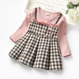 Girl Dresses Autumn 2024 Baby Girls Rivet Plaid Long-sleeved Toddler Fake Two Pcs Lace Princess