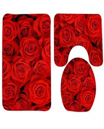 3pcs Bath Mat Set Red Rose Flowers Bathroom Rug Bathroom Anti Slip Shower Mat and Toilet Sets2341922