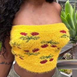 Women's Tanks Plush Knitted Flower Cherry Tube Top 2024 Autumn Sexy Girl Strapless Backless Sweater Camis Sleeveless Slim Fit Tank