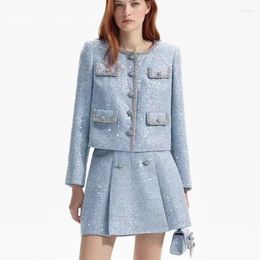 Women's Jackets 2024 Early Spring Mist Blue Round Neck Glitter Sequins Diamond Trimmed Tweed Jacket And Skirt Suit Women