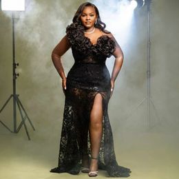 Plus Size Black Aso Ebi Prom Dresses One Shoulder High Split Backless Lace Evening Dresses for African Balck Women Beaded Birthday Party Dress Engagement Gowns ST777