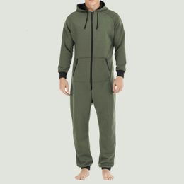 Men s Thicken Hooded Jumpsuits Tracksuit Drawstring Sweatshirts Rompers Full Zip Hoodies Overalls with Pockets 240104