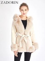 ZADORIN Winter Coat Women Furry Hood Suede Black Faux Fur With Belt Thick Warm Cardigan Jackets for 240108