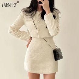 Elegant Tweed Jackets for Women Suits Autumn Winter Korean Fashion Y2k Long Sleeve Buttons Crop Coats Skirt Suit Sets 240109