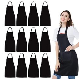 12 Pack Bib Apron - Unisex Black Apron Bulk with 2 Roomy Pockets Machine Washable for Kitchen Crafting BBQ Drawing 240108