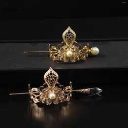 Hair Clips Retro Chinese Crown Golden Alloy Tiaras And Crowns Pearl Headbands With Sticks Vintage Jewellery For Men Women