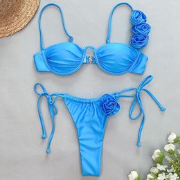 ARXIPA Sexy Bikinis Two Piece Swimsuit for Women 3D Flower Underwire G String Bathing Suit Padded Push Up Beachwear Bandeau Solid Thong Blue Tie Side