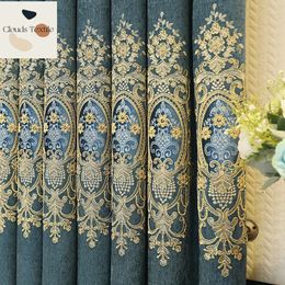 Europeanstyle curtains highend atmospheric villa living room study chenille embroidery curtain cloth blue product 240109