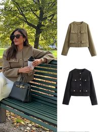 Fashon Tweed Jacket For Women Autumn Winter Long Sleeve Single Breasted Cropped Coat Female Solid Oneck Pocket Outwear Top 240109