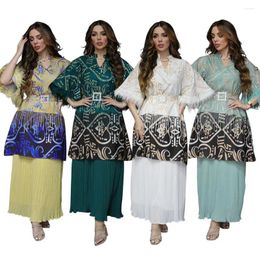 Ethnic Clothing Elegant Women Fashion Print Abaya Muslim Dress Robe Femme Long Sleeve Ruffle Hem Sundress Vintage Islamic Vestido