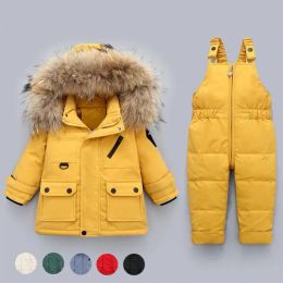 OC and Chery NF003 Clothing Sets Thick Warm Down Coat Baby Bodysuit Outwear Real Fur Collar White Duck Rompers 2-piece Set Zipper Opening Belt Pants