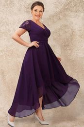 Women's Plus Size Lace Dress Short Sleeve Elegant and Pretty Fit and Flare Dress Surplice Front Asymmetrical Hem Midi Dress 240104