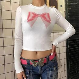 Women's T Shirts Lairauiy Y2K Kawaii Spring Fall Crop Tops Tight Fitted Round Neck Long Sleeve Bow Print Showing Navel Short T-Shirts