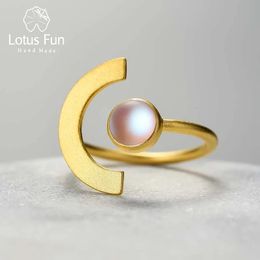 Lotus Fun 18K Gold Minimalism Moonlight Adjustable Moonstone Rings with Stone for Women Real 925 Sterling Silver Fine Jewellery 240108