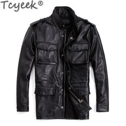 Tcyeek Winter Jacket Men Warm Real Cowhide Genuine Leather Jacket Men Clothing Motorcycle Men's Jacket Safaried M65 Trench Coat 240108