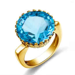 Cluster Rings Round Cut 15 15mm Blue Topaz Ring Gold For Women Cocktail Turkey Jewellery Birthstone Handmade Wedding Engagement Party Gift