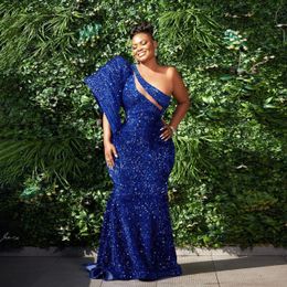 Sparkly Royal Blue Prom Dress Sequined One Shoulder A-line Sexy Evening Dresses Red Carpet Gowns Vestidos De Noche