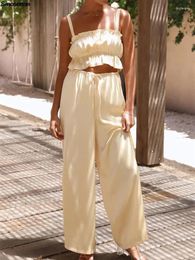 Women's Two Piece Pants Women 2 Satin Outfits Sexy Backless Ruffle Crop Top High Waist Wide Leg Long Pant Sets Casual Summer Beach Suits