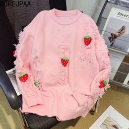 Women's Sweaters Korejpaa Cute Strawberry Kawaii Women Sweet Knitted Sweater Coat Outwear Round Neck Tassel Korean Fashion Pullover