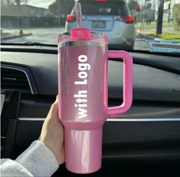 US Warehouse Pink Parade With 1:1 Logo H2.0 40oz Stainless Steel Tumblers Cups with Silicone handle Lid And Straw Travel Car mugs Keep Drinking Cold Water Bottles i0109