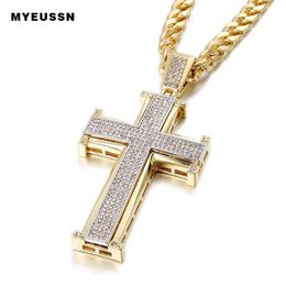 Jewellery Bling Bling Cross Pendant Iced Out Black/white Crystal Charm Gold Colour Chain Men Necklace Father's Day Gift Hip Hop Jewellery