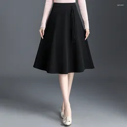 Skirts ZUZK High Quliaty Black Suit Skirt Female Spring Fall Korean Elastic Waist Work Wear Knee Length Umbrella