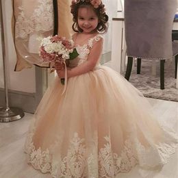 Champagne Flower Girl Dresses For Wedding Custom Made Hot Pageant Girl Dresses Sleeveless and Lace Appliques Tulle Party Gown 310S