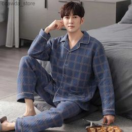 Men's Sleepwear Fall Winter Thicken Warm Flannel Pyjama Sets for Men Cotton Sand Stripe Sleepwear Pyjamas Homewear Clothes 2024 Plus Size Q240109