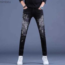 Men's Jeans Korea Version Mens Noble Black Jeans White Wash Slim Stretch JeansLight Luxury Embroidery Jeans Stylish Sexy Street Jeans;L240108