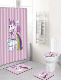 The Unicorn 4pcs Bathroom Curtain Set 3d Shower Curtains Pink Carpet for Living Room Area Rug Anti Slip Bath Mats Toilet Rugs1328292