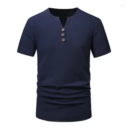 Men's T Shirts #4114 Summer Cotton Linen Short Sleeve Shirt Men V-neck Buttons Vintage Tshirt Slim Solid Color Retro Mens Streetwear
