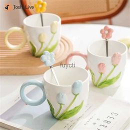 Mugs Smooth Easy To Clean Tulip Cup Ceramics Durable Tulip Pattern Smooth Handle Mug High Quality Hand Carved Porcelain Cup Mellow YQ240109