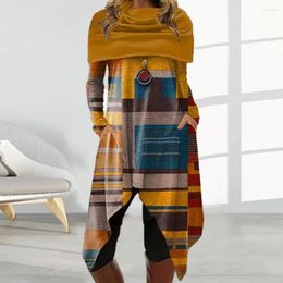 Casual Dresses Women Mid-length Scarf Collar Dress Colorblock Digital Print Shawl Women's Midi With Irregular Hem Pockets