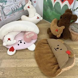 INS Winter Kennel Pet Thermal Insulation And Warm Sleeping Bag Cute Bear Semi-Open Plus Velvet Cushion Cat Puppy Dog Bed 240108