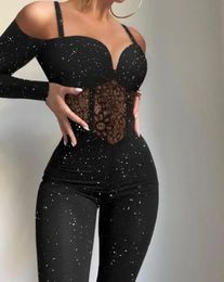 Sexy Party Night Out Jumpsuit Women Elegance Plain Glitter Cold Shoulder Long Sleeve Contrast Lace Corset Skinny 240109