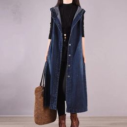 Jackets Denim Jacket Women's Spring and Autumn Plus Size Long Sleeveless Hooded Denim Vest Korean Loose Long Denim Jacket Denim Vest