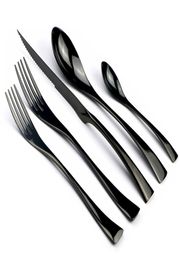 JASHII 5Pcs Black Stainless Steel Dinnerware Plate Silverware Dinner Steak Knives Dessert Forks Teaspoon Tableware Cutlery Set T202227321