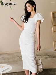 Party Dresses Temperament Office Lady White Dress 2024 Summer Korean Style Square Neck Puff Sleeves High Waist Tight Elegant