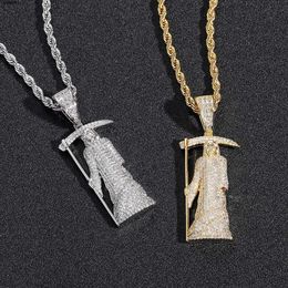 New Hiphop Real Gold Plated Iced Out Cubic Zircon Death Halloween Skull Sickle Pendant Necklace Exaggerate Jewellery for Men