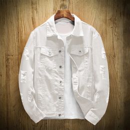 Spring Autumn Men's Jean Jacket Fashion Solid Colour Slim Fit Buttoned Denim Jackets Ripped Hole Coat Men Outwear 240108