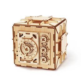 Safe Box Treasure 3D Wooden Model Locker Kit DIY Coin Bank Mechanical Puzzle Brain Teaser Projects For Adults and Teens 240108