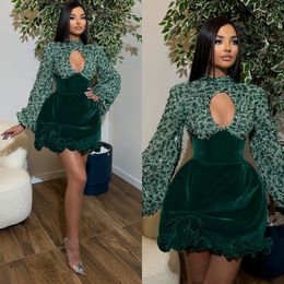 Cute Dark Green cocktail dress sequins high neck keyhole Long Sleeves Short prom dresses ruffles mini party homecoming Special Occasion dress