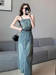 Casual Dresses Fashion Summer Y2K Denim Long Dress For Women Lady Vintage Sexy Chest Wrapping Wrap Hip Maxi Party Mujer Vestidos Street