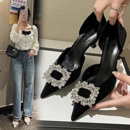 Dress Shoes Pointed Toe Women Pumps 2024 Arrivals Crystal Buckle Slip On Thin High Heels Black White Pink Woman Size 35-39