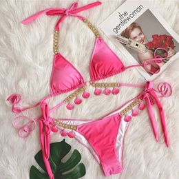 Pink Sexy Bikinis Swimsuit With Rhinestones Women Swimwear Female Push Up Bikini Beach Swim Wear Bathing Suits Pool Bather 240109