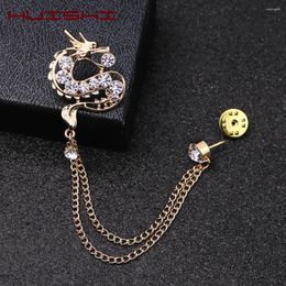 Brooches HUISHI Brooch Jewellery Rhinestone Tassel Dragon Animal Corsage Lapel Pin With Chain For Men Suit Shirt Collar Decoration