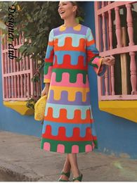 Elegant Rainbow Printed Women's Split Midi Dress Fashion O Neck Long Sleeved Robe 2023 Autumn Female Causal Loose Vestidos 240109