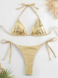 Sexy Halter Shiny PU Micro Bikini Women Swimsuit Female Brazilian Swimwear Two Pieces Bikini set High cut Bathing Suit Swim 240109