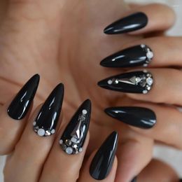 False Nails Black Pre-designed Press On Dark Stones Pointed Strass Long Stiletto Acrylic Artificial Nail Tips Rhinestone