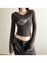 Women's T Shirts 2024 Vintage Solid Color Slim Fit With Exposed Navel Top Casual Printed Long Sleeved T-shirt Sexy Hooded Base Shirt